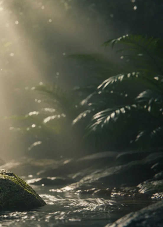 Mist and light through the ferns of the Bornean rainforest