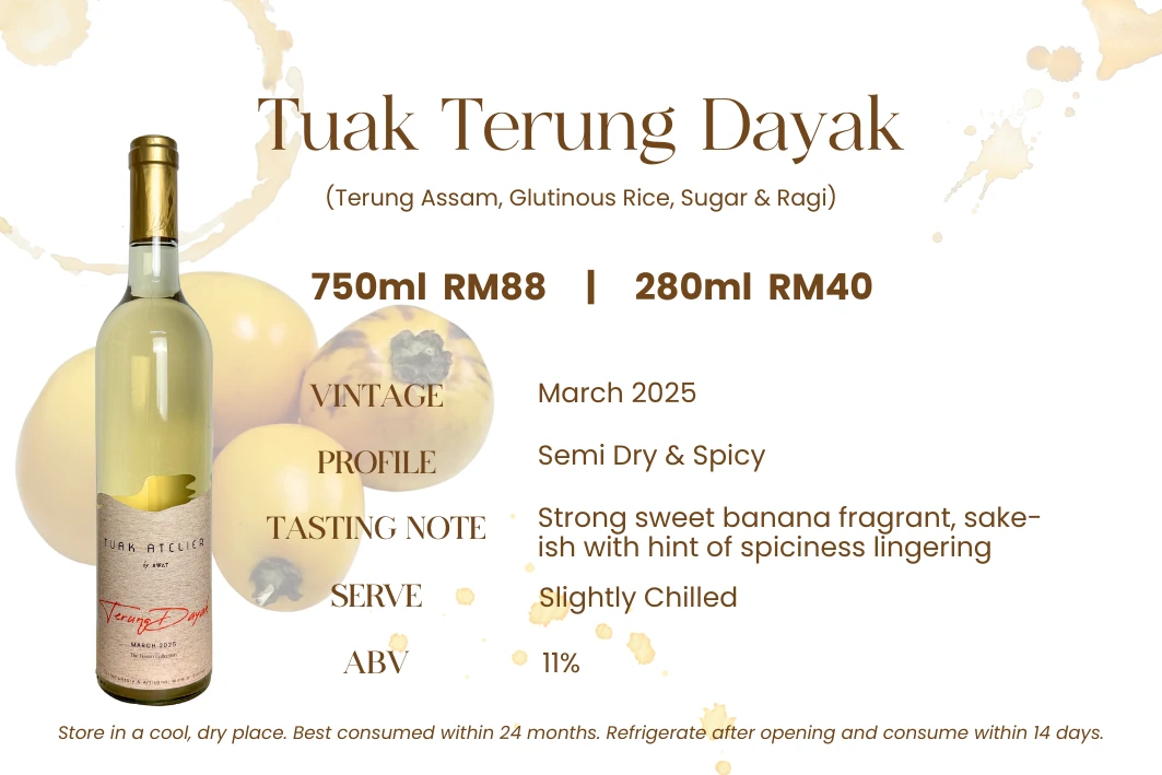 Tuak Terung Dayak — Terung Dayak (Dayak eggplant), glutinous rice, sugar & ragi. Tangy & savoury, 13% ABV. The prized Dayak wild eggplant — citrussy, tangy and uniquely Bornean.