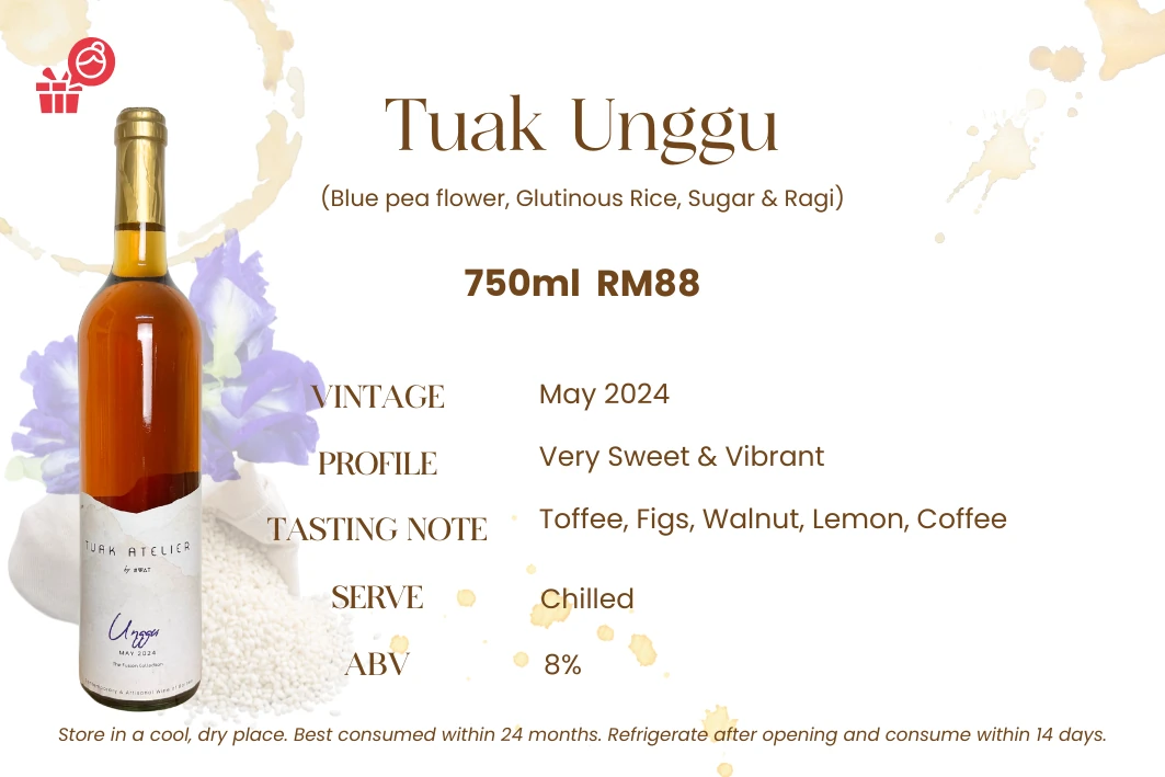 Tuak Unggu — Purple botanicals, glutinous rice, sugar & ragi. Floral & vivid, 13% ABV. A striking violet brew, gently floral and smooth.